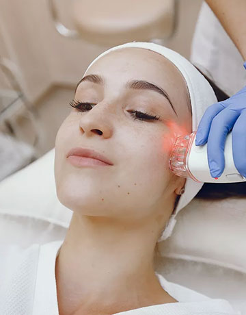 Woman receiving a red light device treatment on her cheek