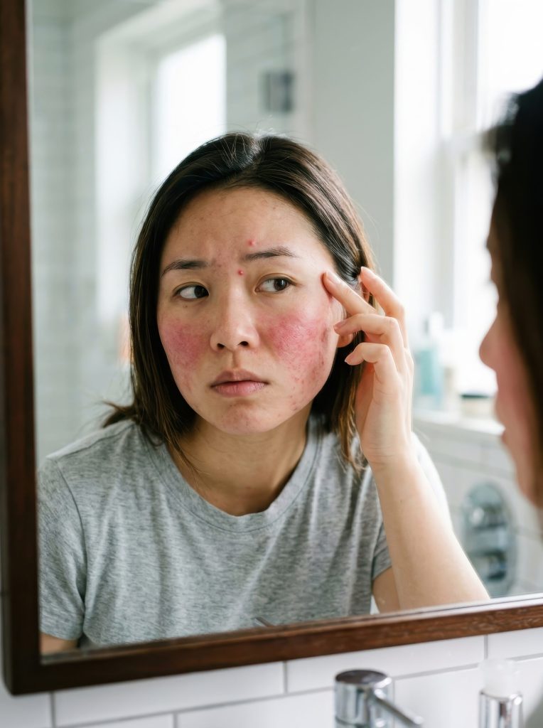 Woman checking red, irritated patches on her cheeks in a bathroom mirror